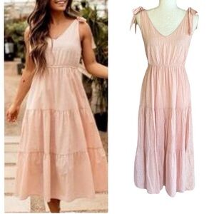 Moon River Blush Pink Striped Print Bow Tie Shoulder Tiered Midi Dress - S